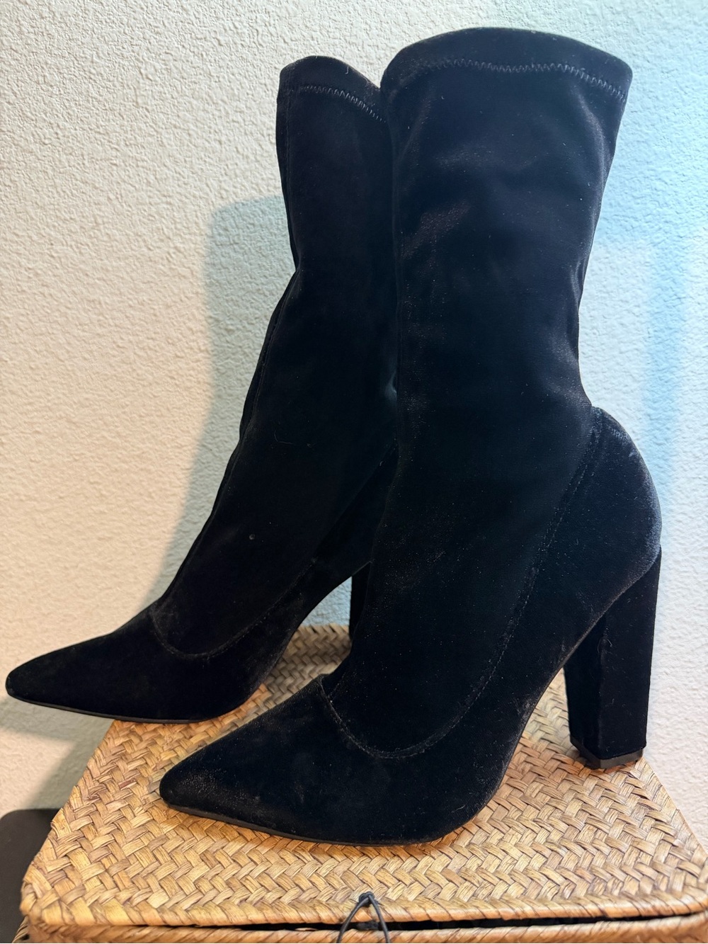 Forever 21 Black Velvet Pointed Sock Heel Boots